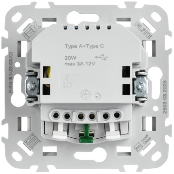 Розетка 1-м СП FLITE РСЮшс11-1-ФлБ 16А с USB A+C 20Вт с заземл. с защ. шторками безвинтовое крепление механизм бел. IEK FI-R14-16-1-U22-020-K01
