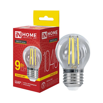Лампа светодиодная LED-ШАР-deco 9Вт шар прозрачная 3000К тепл. бел. E27 1040лм 230В IN HOME 4690612026268
