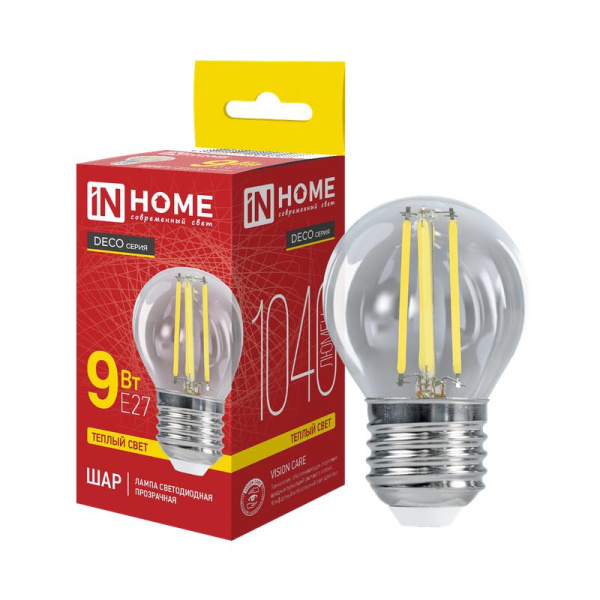 Лампа светодиодная LED-ШАР-deco 9Вт шар прозрачная 3000К тепл. бел. E27 1040лм 230В IN HOME 4690612026268