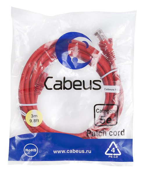 Патч-корд U/UTP кат.5E PC-UTP-RJ45-Cat.5e-3m-RD-LSZH 2xRJ45/8p8c неэкранир. LSZH 3м красн. Cabeus 9516c