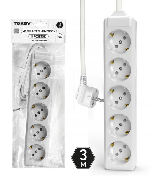 Удлинитель 5х3м с заземл. 10А 3х1.5 TOKOV ELECTRIC TKL-C01-BU5-3-1.5-Z