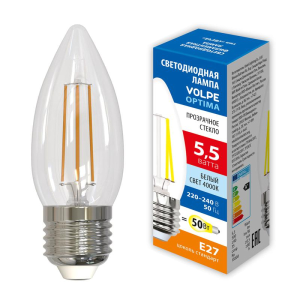 Лампа светодиодная LED-C35-5.5W/4000K/E27/CL/SLF 5.5Вт свеча прозрачная 4000К бел. свет E27 Volpe UL-00008464