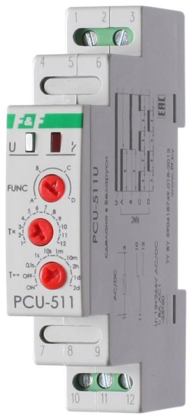 Реле времени PCU-511U 8А 12-264В AC/DC 1перекл. IP20 многофункц. монтаж на DIN-рейке F&F EA02.001.011