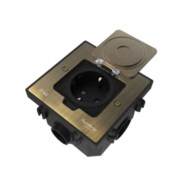 Лючок MultiDesk MDK21 с розеткой 2P+E 16А 250В IP44 с монтажной коробкой для бетонных полов античная латунь SE MDK21202BC