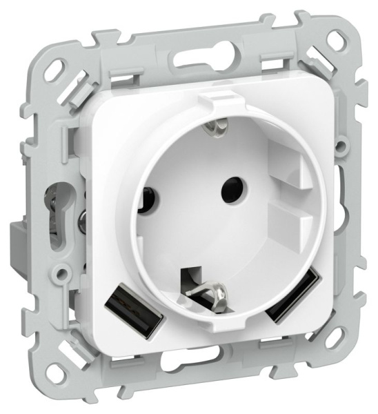 Розетка 1-м СП FLITE РСЮша11-1-ФлБ 16А с USB A+A 3.1А с заземл. с защ. шторками безвинтовое крепление механизм бел. IEK FI-R14-16-1-U21-D31-K01