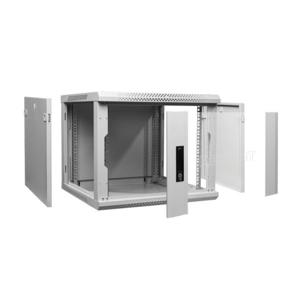 Шкаф телекоммуникационный настенный 19дюйм 12U 600х600х635 дверь стекло стенка задняя боковые съемные стенки разборный сер. RAL7035 Rexant 04-1266-111