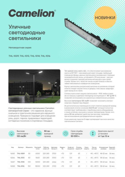Светильник THL-1009 50Вт 5700К IP65 6000лм 220-240В 306х127х23 КСС "Ш" 1/20 НПВ уличный Camelion 16365