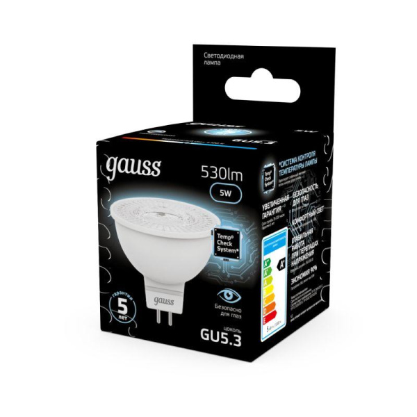Лампа светодиодная Black 5Вт MR16 софит 4100К нейтр. бел. GU5.3 530лм GAUSS 101505205