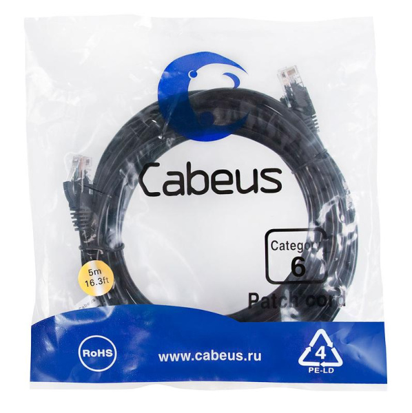 Патч-корд U/UTP кат.6 PC-UTP-RJ45-Cat.6-5m-BK 2xRJ45/8p8c неэкранир. PVC 5м черн. Cabeus 8667c
