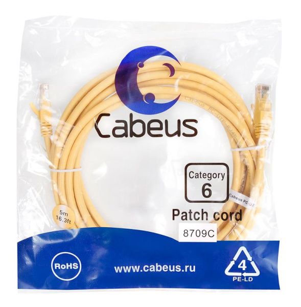 Патч-корд U/UTP кат.6 PC-UTP-RJ45-Cat.6-5m-YL 2xRJ45/8p8c неэкранир. PVC 5м желт. Cabeus 8709c