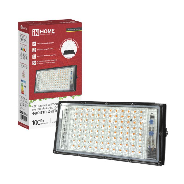 Прожектор светодиодный ФДО STD-ФИТО 100Вт IP65 красн./син. спектр черн. IN HOME 4690612065052