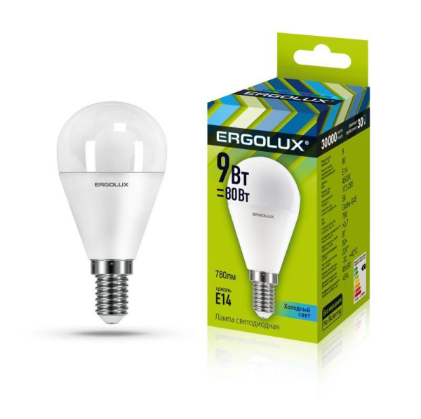 Лампа светодиодная LED-G45-9W-E14-4К 9Вт шар матовая 4000К бел. E14 220-240В Ergolux 13174
