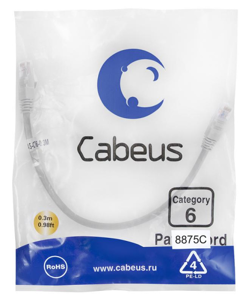Патч-корд U/UTP кат.6 PC-UTP-RJ45-Cat.6-0.3m-LSZH 2xRJ45/8p8c неэкранир. LSZH 0.3м сер. Cabeus 8875c