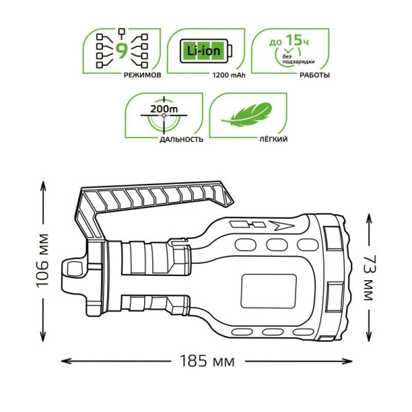 Фонарь аккумуляторный ручной GFL209 10Вт 250лм Li-ion 1200мА.ч LED GAUSS GF209