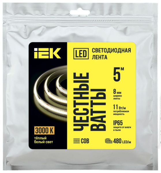Лента LED COB-480LED 11Вт/м IP65 8мм 24В 3000К (уп.5м) IEK LSR11-1-480-65-3-05