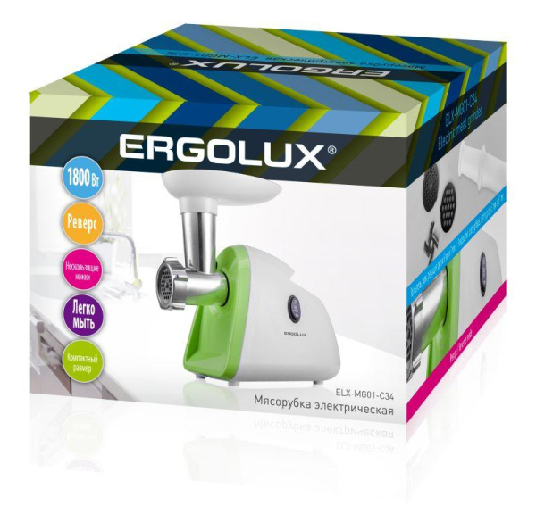 Мясорубка электрическая ELX-MG01-C34 1800Вт реверс 220-240В бел./салат. Ergolux 13968