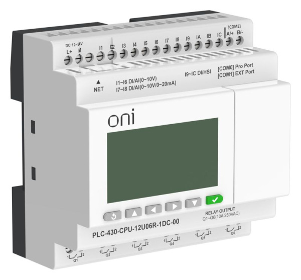 Модуль ЦПУ ПЛК 430 4 DI 6 UI (0-10В/DI) 2 UI (0-10В/0-20мА/DI) 6 RO 24В DC с Ethernet портом с экраном ONI PLC-430-CPU-12U06R-1DC-00