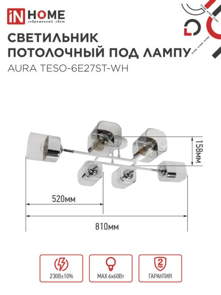Светильник AURA TESO-6E27ST-WH 6хE27 потолочн. поворотн.; плафоны прозр./корпус бел. IN HOME 4690612063584