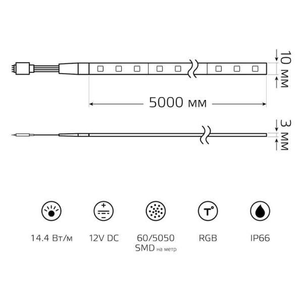 Лента светодиодная Black 5050/60-SMD 14.4Вт/м RGB IP66 660лм/м 12В (блист.5м) GAUSS 311000414