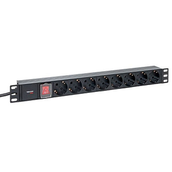 Блок PDU TERACOM PRO 19дюйм 1U 16А/250В 8 роз. Schuko с выключат. шнур 2м 3х1.5кв.мм вилка Schuko корпус пластик черн. EKF TRP-HPD-LSP-16A-8SH-2MSH