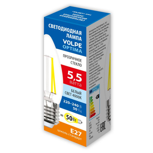 Лампа светодиодная LED-C35-5.5W/4000K/E27/CL/SLF 5.5Вт свеча прозрачная 4000К бел. свет E27 Volpe UL-00008464
