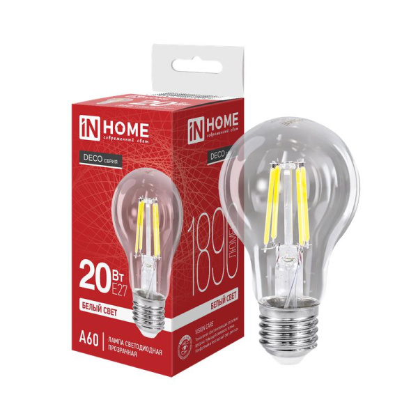 Лампа светодиодная филаментная LED-A60-deco грушевидная прозрачная 20Вт 230В E27 4000К 1890лм IN HOME 4690612055923