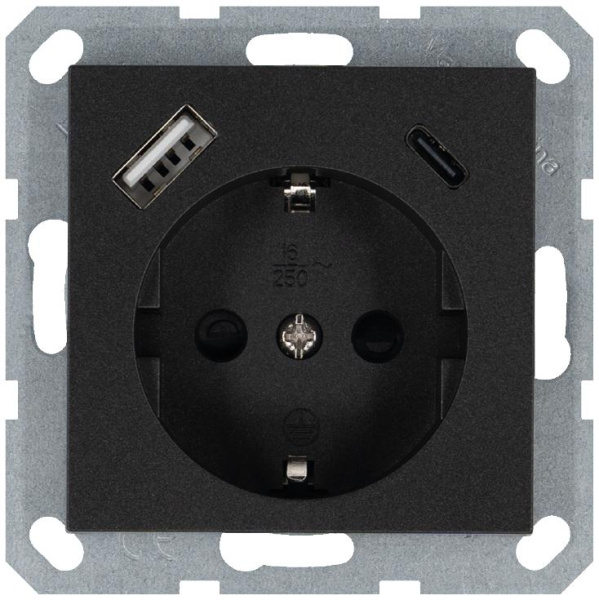 Розетка Shuko 16А с заземл. защ. шторки с 2-мя заряд. устройствами USB тип A+C 25Вт механизм антрацит Jasmart G5501USB-25B