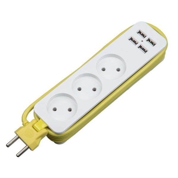 Удлинитель 3х1.8м без заземл. 10А Travel S-CT3-1.8U WHITE/GREEN 4USB (31А) бел./салат. Uniel UL-00011136