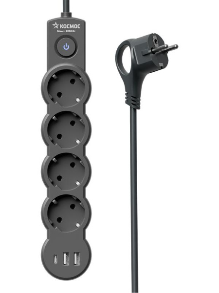 Удлинитель 4х3м с заземл. 10А IP20 USB type-Aх2 + type-C 2500Вт 220В ПВС 3х1 с выкл. черн. КОСМОС YKsm3m4g-Z-VU10А-B