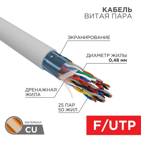 Кабель витая пара F/UTP кат.5e 25х2х24AWG solid PVC INDOOR медь сер. (уп.305м) Rexant 01-1201-R
