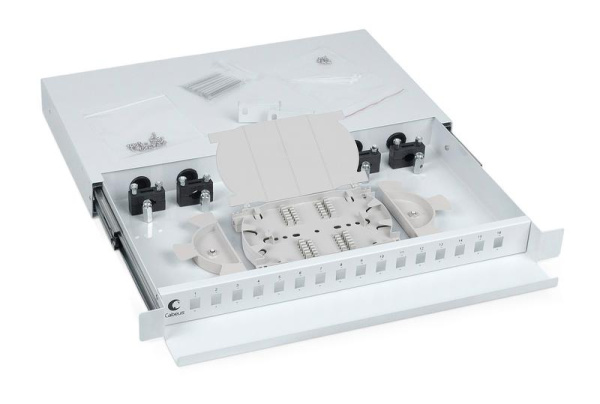 Кросс бокс оптический ODF-19-16-SC 19дюйм на 16 SC LC duplex со сплайс-кассетой выдвижной без пигтейлов и проходных адаптеров Cabeus 7300c