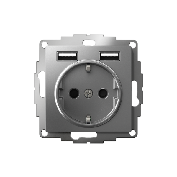Розетка 1-м СП AtlasDesign 16А IP20 с 2-мя заряд. устройствами USB тип A+A 5В/2.4А 2х5В/1.2А механизм сталь SE ATN000930