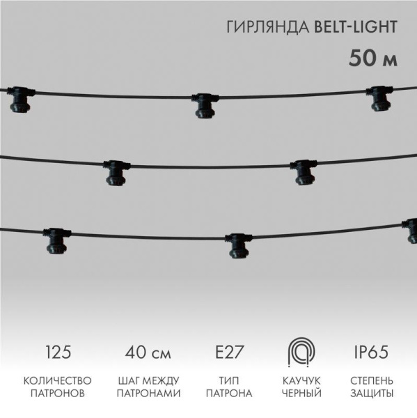 Гирлянда "Белт Лайт" 2жил. шаг 40см патроны E27 1320Вт IP65 влагостойкая провод черн. (уп.50м) Neon-Night 331-212