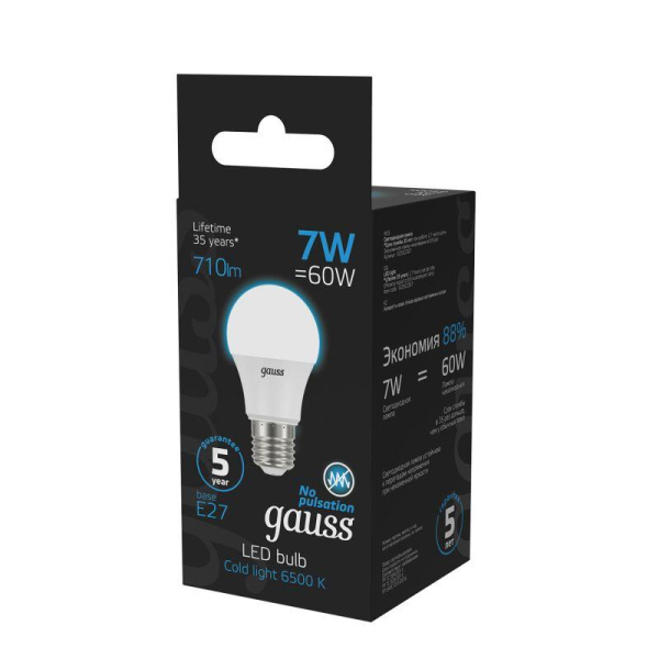 Лампа светодиодная Black 7Вт A60 грушевидная 6500К холод. бел. E27 710лм GAUSS 102502307