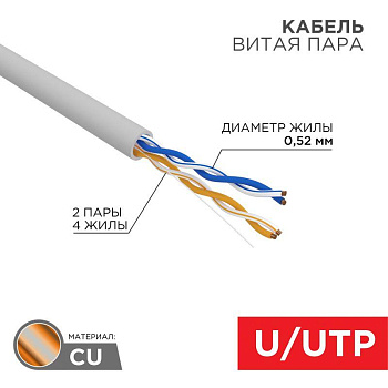 Кабель витая пара U/UTP кат.5E 2х2х24AWG LSZH нг(А)-HF INDOOR SOLID сер. (305м) (м) PRO Rexant 02-0002