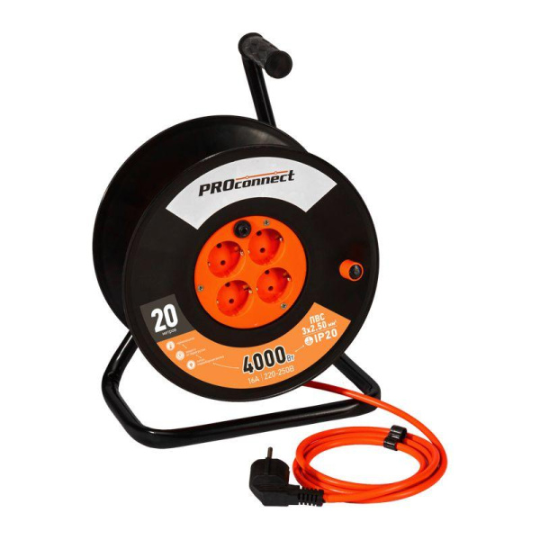 Удлинитель на катушке 4х20м с заземл. 16А IP20 Professional ПВС 3х2.5 PROCONNECT 11-7612