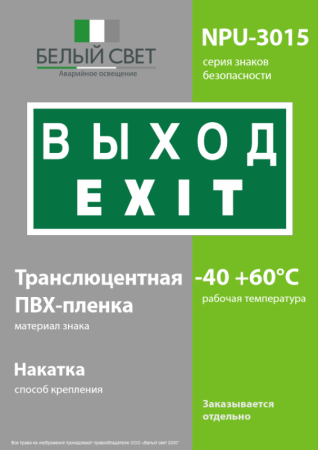 Знак безопасности NPU-3015.E24"Выход-EXIT" Белый свет a25513