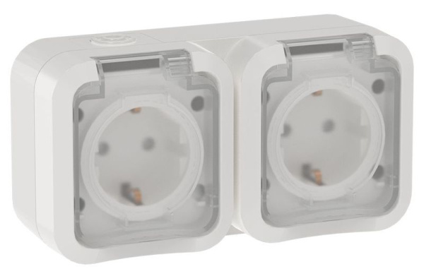 Розетка 2-м ОП TORS TS322 16А IP55 горизонт. с заземл. с крышкой бел. IEK TS-R26-16-55-G-K01