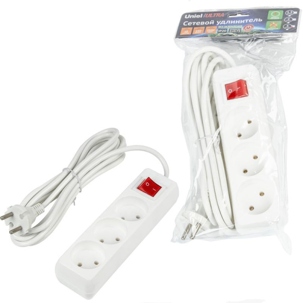 Удлинитель 3х3м без заземл. 10А Ultra S-CU3-3B WHITE бел. Uniel UL-00009995