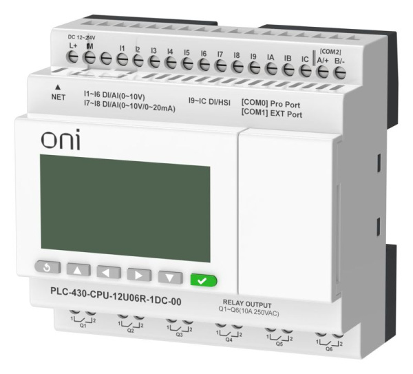 Модуль ЦПУ ПЛК 430 4 DI 6 UI (0-10В/DI) 2 UI (0-10В/0-20мА/DI) 6 RO 24В DC с Ethernet портом с экраном ONI PLC-430-CPU-12U06R-1DC-00
