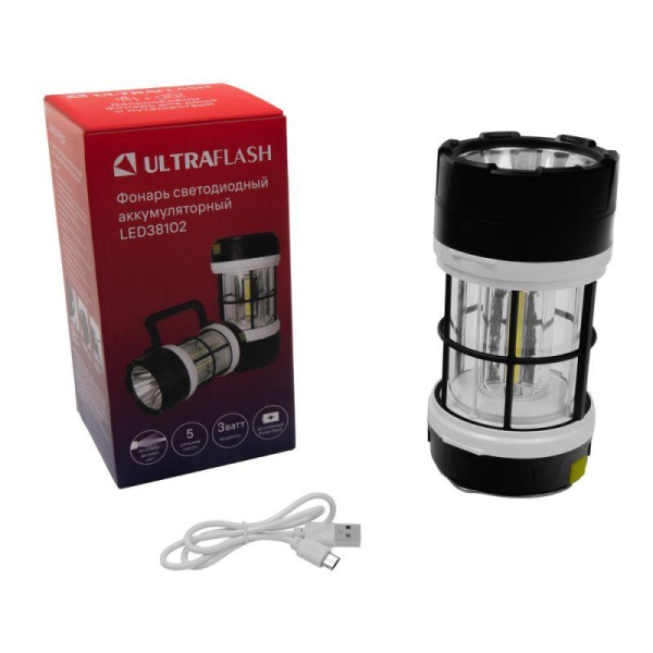 Фонарь аккумуляторный LED38102 LED+3COB 5 реж. Micro-USB PowerBank пластик коробка черн./бел. Ultraflash 15952