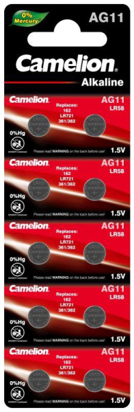 Элемент питания алкалиновый "таблетка" LR721/362A/162/G11 Mercury Free AG11-BP0%Hg для часов BL-10 (блист.10шт) Camelion 12819