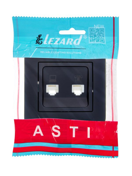 Розетка компьютерная+телефонная 2-м СП ASTI RJ45 + RJ11 в сборе черн. бархат LEZARD 7081-4242-143