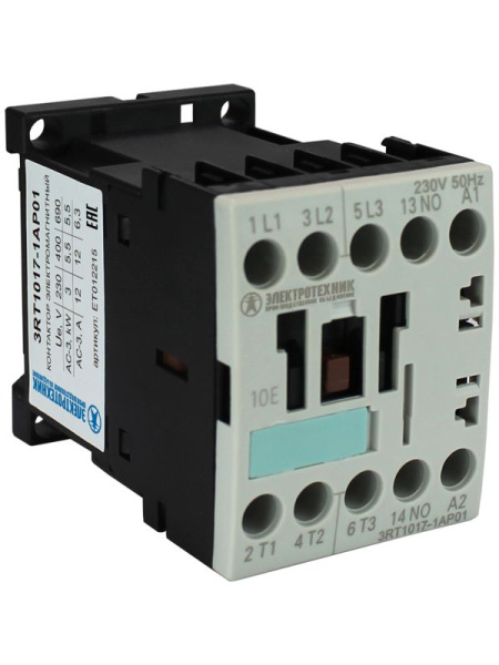 Контактор электромагнитный 3RT1017-1AP01 3-пол. 12А AC-3 55кВт/400В 1НO 230В AC 50Гц типоразмер S00 винт. клеммы IP20 Электротехник ET012215