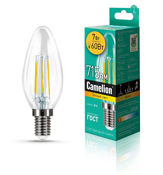 Лампа светодиодная филаментная LED7-C35-FL/830/E14 7Вт свеча прозрачная 3000К тепл. бел. E14 220В Camelion 13452
