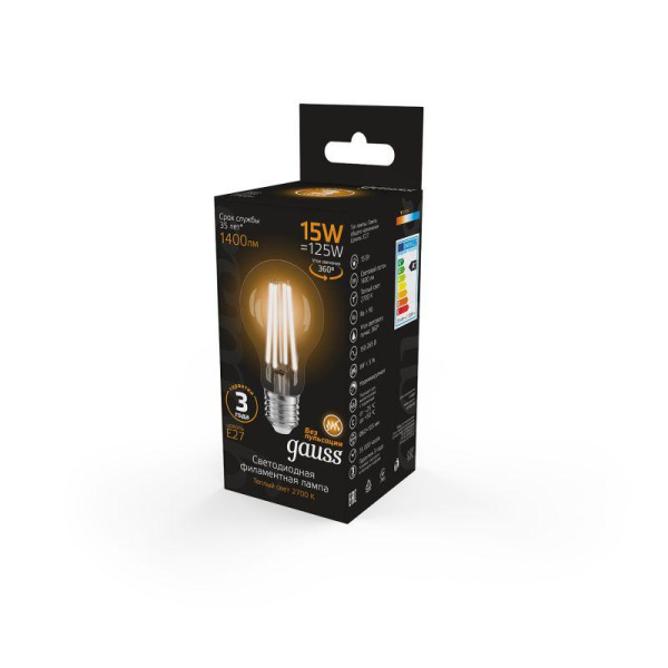 Лампа светодиодная филаментная Black Filament 15Вт A60 грушевидная 2700К тепл. бел. E27 1400лм GAUSS 102902115