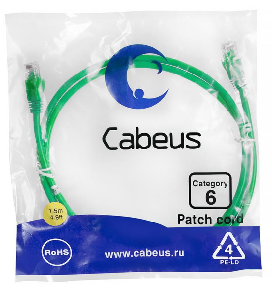 Патч-корд U/UTP кат.6 PC-UTP-RJ45-Cat.6-1.5m-GN 2xRJ45/8p8c неэкранир. PVC 1.5м зел. Cabeus 8685c