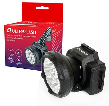 Фонарь аккумуляторный налобный LED5363 9LED 2 режима 220В пластик. черн. (бокс) Ultraflash 11257