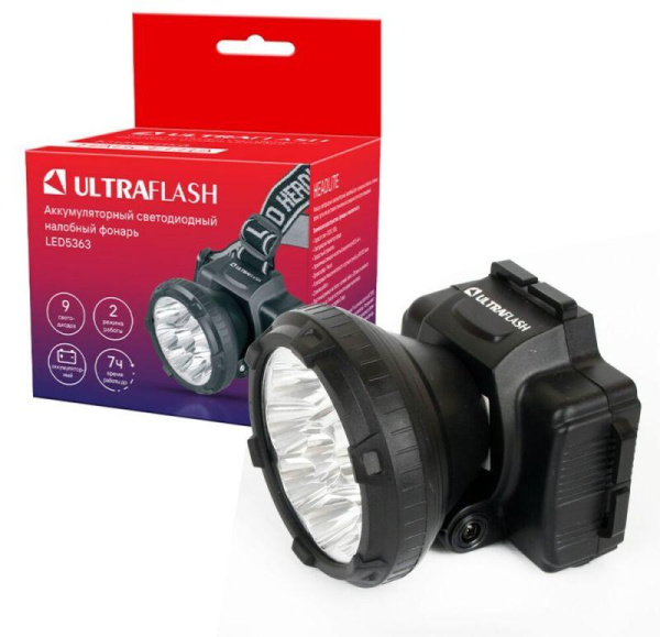 Фонарь аккумуляторный налобный LED5363 9LED 2 режима 220В пластик. черн. (бокс) Ultraflash 11257