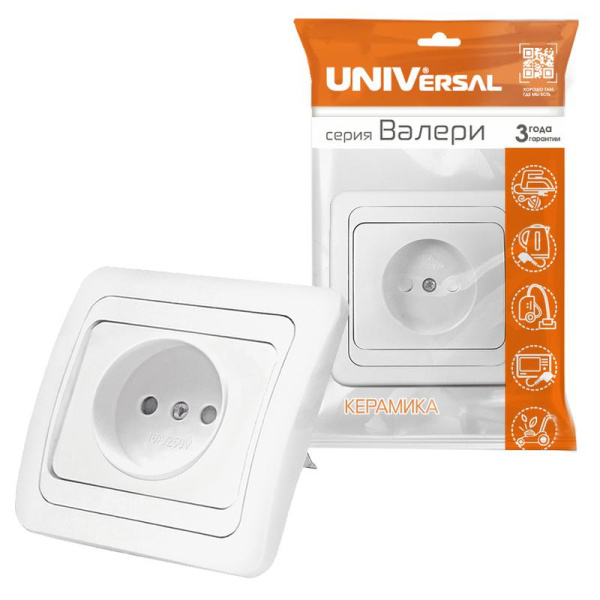 Розетка 1-м СП Валери 16А IP20 без заземл. защ. шторки бел. UNIVersal В0022x